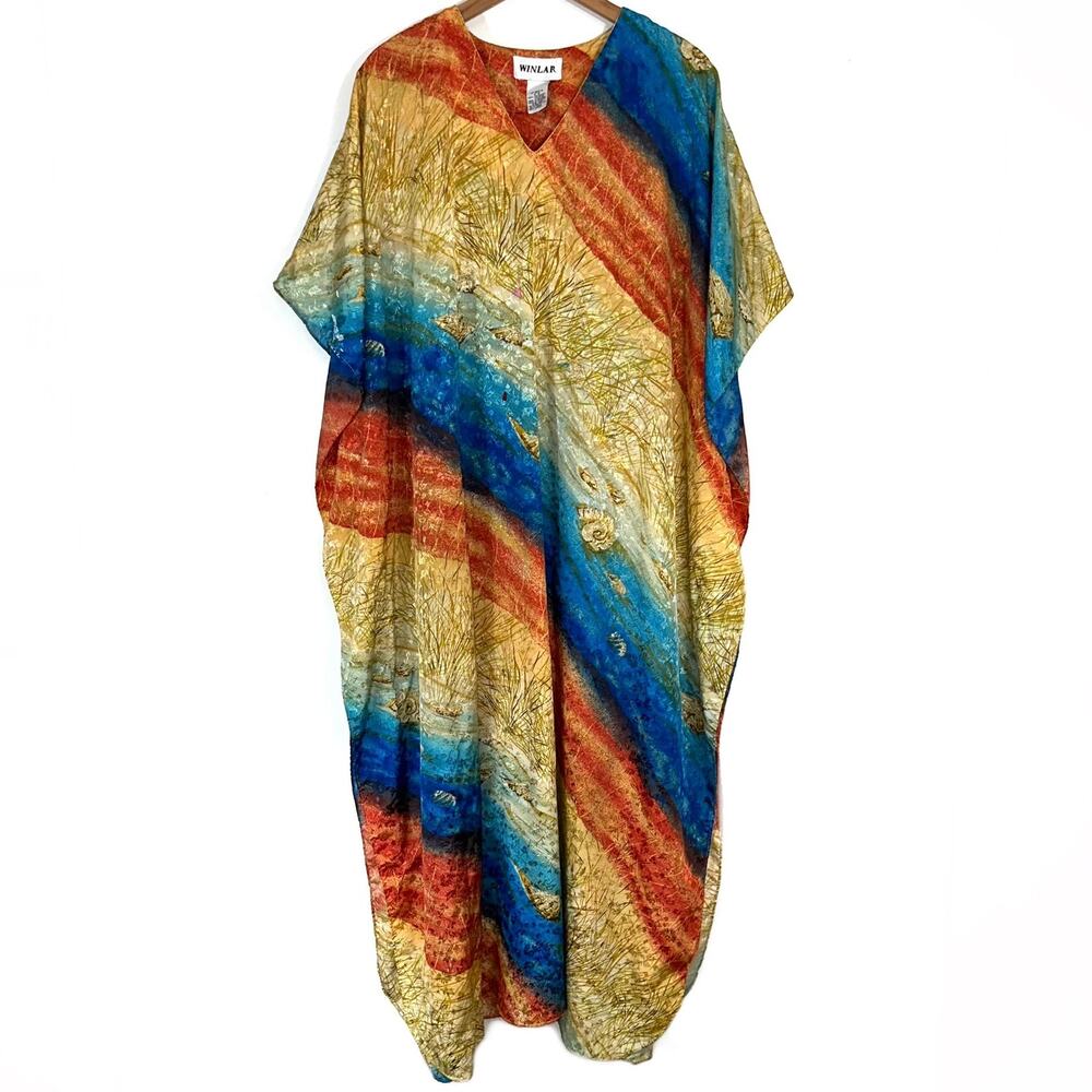 Vintage Winlar Artist Ocean Beach Shell Blue Gold Orange V-Neck Kaftan One Size